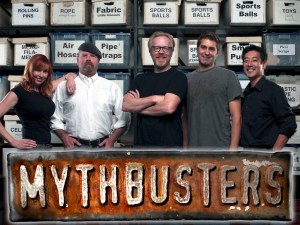 Kari Byron, Jamie Hyneman, Adam Savage, Tory Bellaci and Grant Imahara (from left)